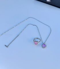 Pembe Pandora Aşk Seti - Ayarlanabilir Yüzük ve Kolye, Anti-Alerjik ve Zarif Tasarım