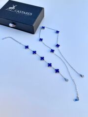 Van Cleef Tarzı Yonca Takımı - Mavi Desenli Paslanmaz Çelik Unisex Kolye ve Bileklik