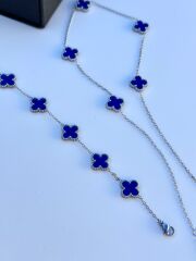 Van Cleef Tarzı Yonca Takımı - Mavi Desenli Paslanmaz Çelik Unisex Kolye ve Bileklik