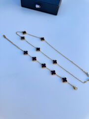 Van Cleef Tarzı Yonca Takımı - Gold Siyah Desenli Paslanmaz Çelik Unisex Kolye ve Bileklik