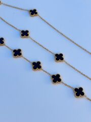 Van Cleef Tarzı Yonca Takımı - Gold Siyah Desenli Paslanmaz Çelik Unisex Kolye ve Bileklik