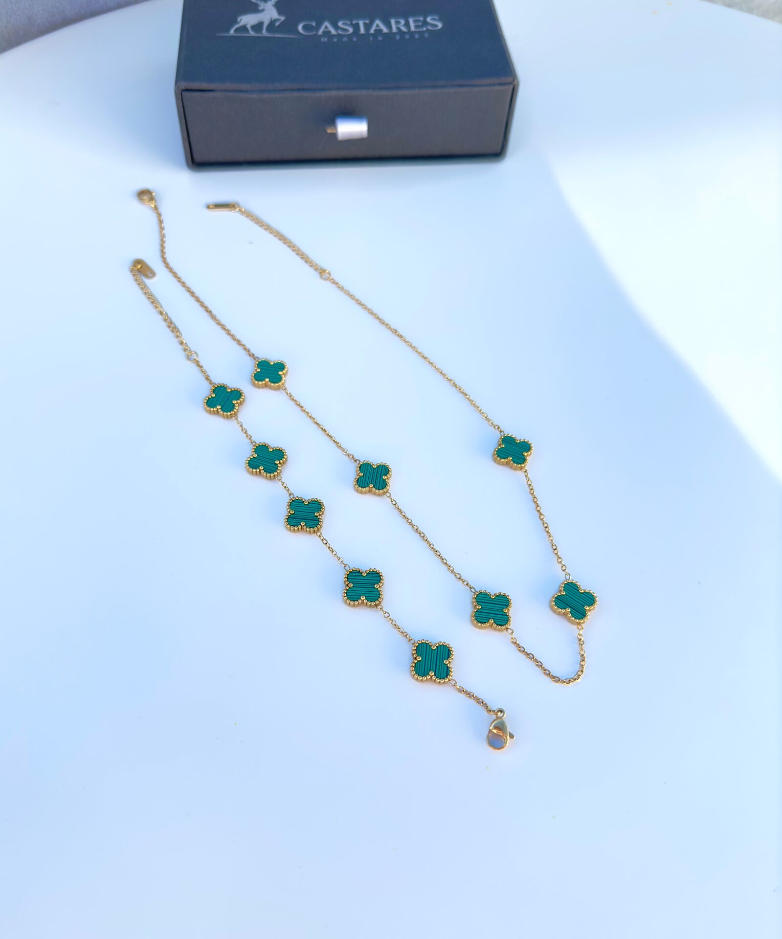 Van Cleef Tarzı Yonca Takımı - Gold  Yeşil Desenli Paslanmaz Çelik Unisex Kolye ve Bileklik