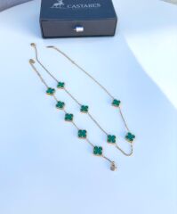 Van Cleef Tarzı Yonca Takımı - Gold  Yeşil Desenli Paslanmaz Çelik Unisex Kolye ve Bileklik